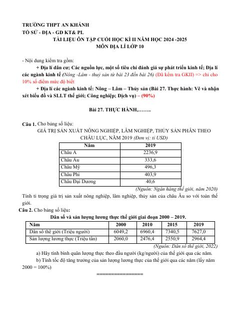 Đề cương ôn tập Học kì 2 Địa lí 10 năm 2024–2025 trường THPT An Khánh (Cần Thơ)